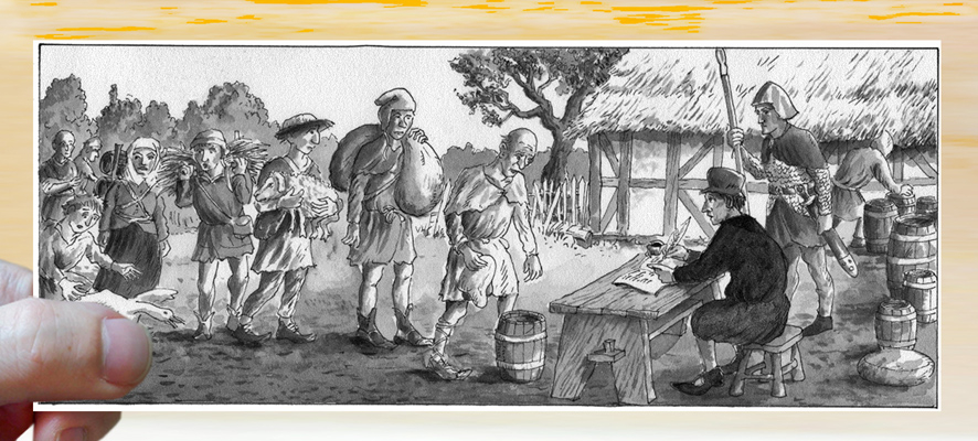 Die Bauern des Dorfes leisten ihre auferlegten Abgaben an den Grundherren